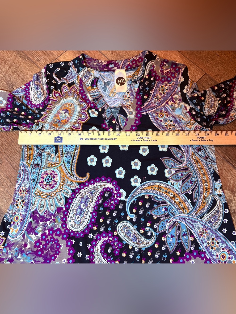 JM Womens M Paisley Tunic Top Boho Floral Roll Tab Sleeve Purple Black - Picture 4 of 9